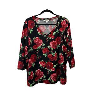 The Pioneer Woman Black Red Rose Floral Pullover Top Women XL 3/4 Sleeve V-Neck